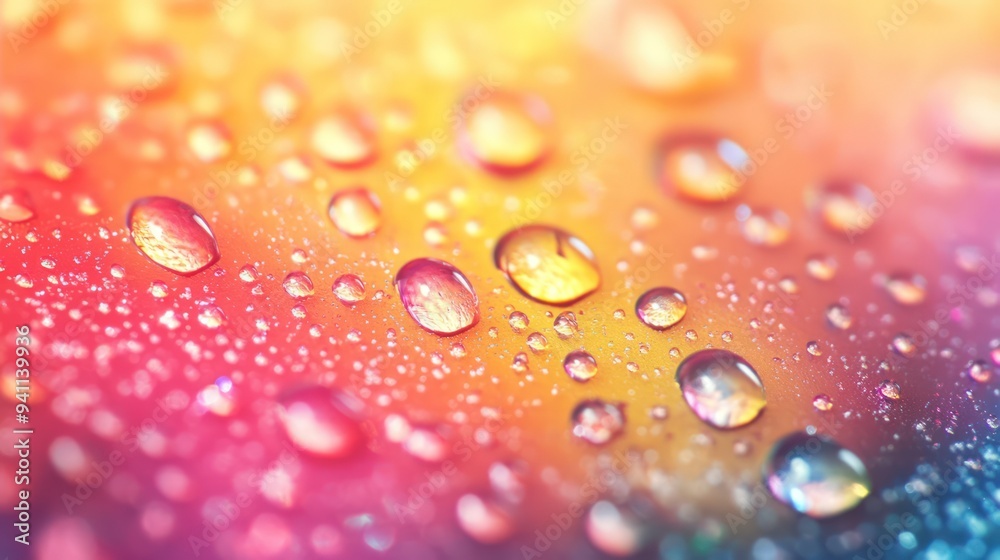 Close-up of water droplets on a colorful surface, creating a vibrant and abstract background. Close-up of water droplets on a colorful surface, creating a vibrant and abstract background.