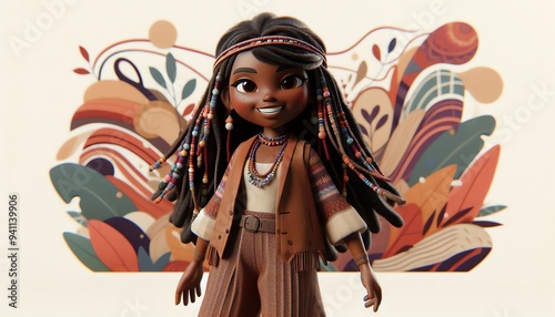 3D-rendered cartoon character of a vibrant young Indigenous woman with braided hair adorned with colorful beads