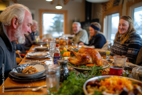A long dining table laden w...