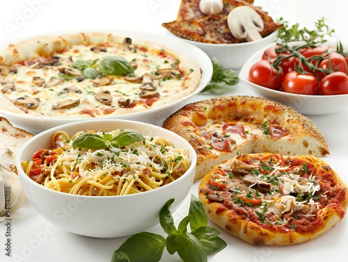 A variety of delicious pasta and pizza dishes arranged appealingly for a meal. photo