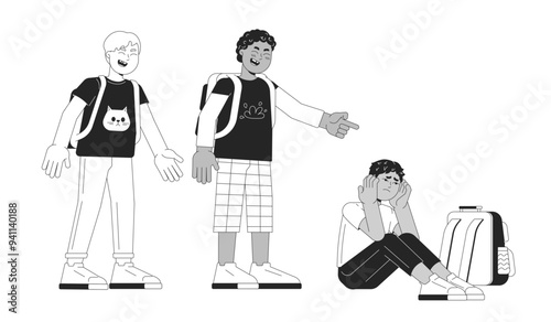 Schoolboys bullies bullying preteen kid black and white 2D line cartoon characters. Aggressive classmates diverse isolated vector outline people. School social issues monochromatic spot illustration