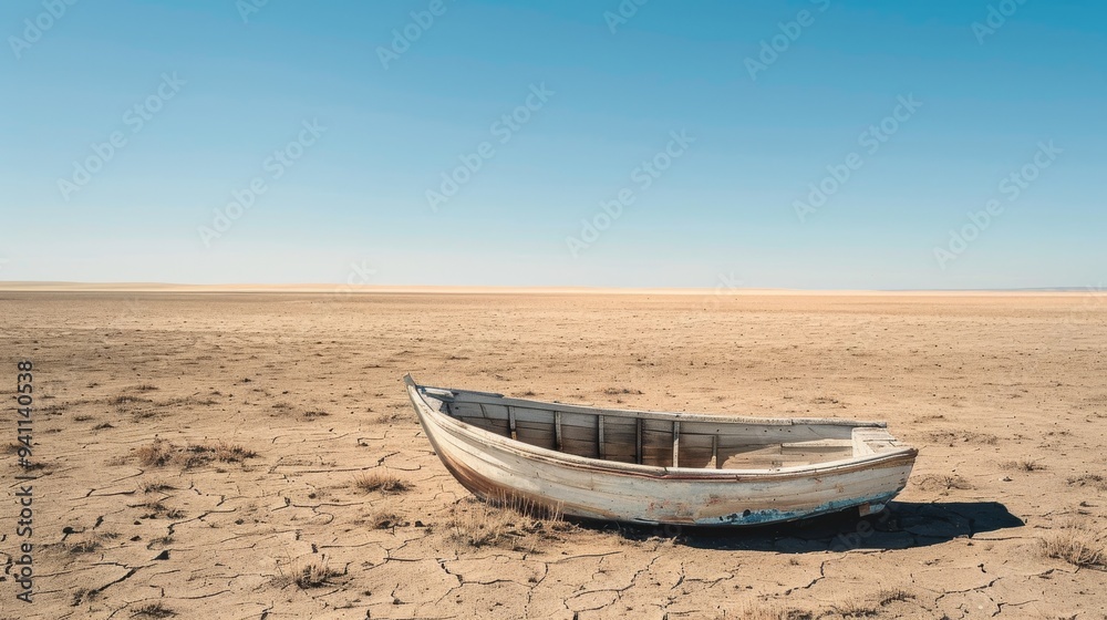 An old, weathered boat sits on dry, cracked earth under a clear blue sky, symbolizing abandonment and the passage of time. An old, weathered boat sits on dry, cracked earth under a clear blue sky, symbolizing abandonment and the passage of time.