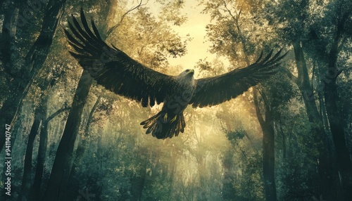 Vibrant anime style digital painting of an eagle soaring through a lush, enchanting forest photo