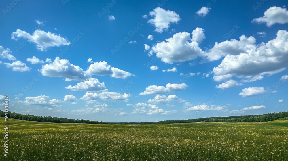 Vibrant green field under a clear blue sky a serene natural landscape photography shot Vibrant green field under a clear blue sky a serene natural landscape photography shot