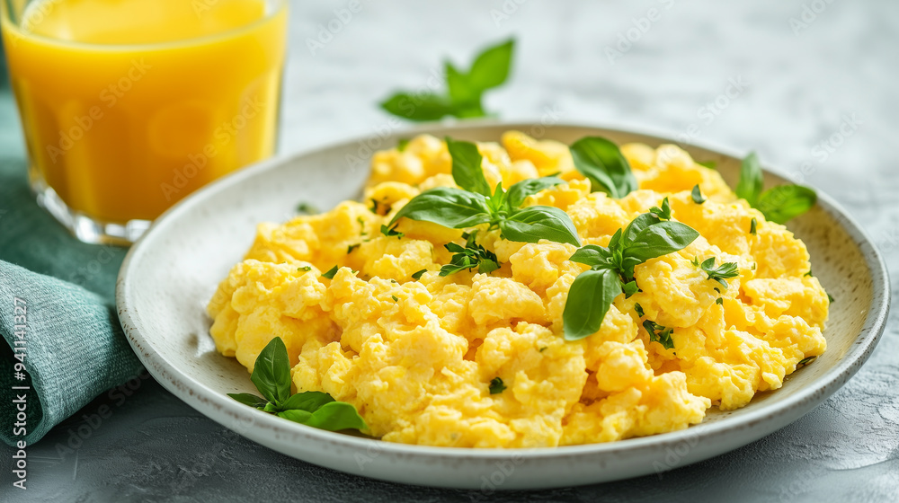 Large portion of scrambled eggs on a plate, placed beside a glass of juice Large portion of scrambled eggs on a plate, placed beside a glass of juice