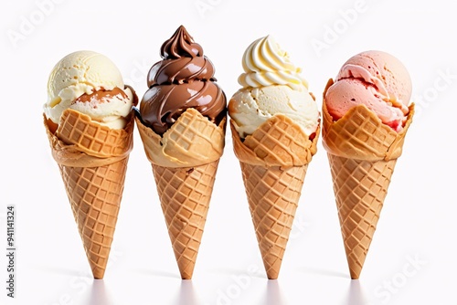 Four ice cream cones with different flavors, isolated on white background.