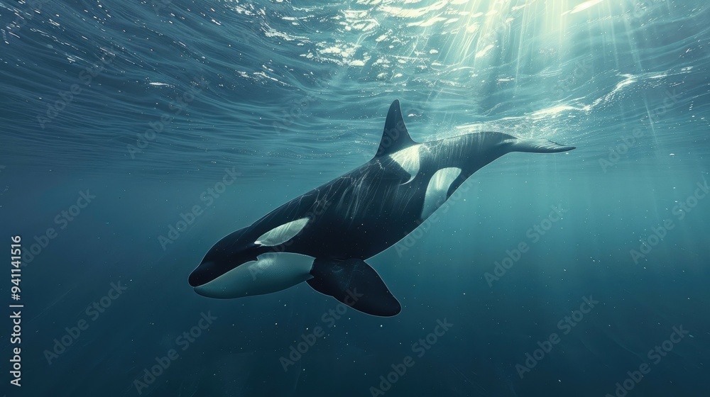 Naklejka premium Orca Swimming Through Sunlight in Deep Blue Water