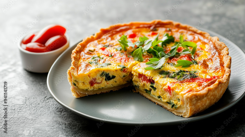 Plate with quiche slice, glass of water, and napkin on the side Plate with quiche slice, glass of water, and napkin on the side