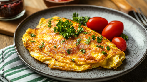 Plate filled with an omelet, with a small container of condiments placed beside it