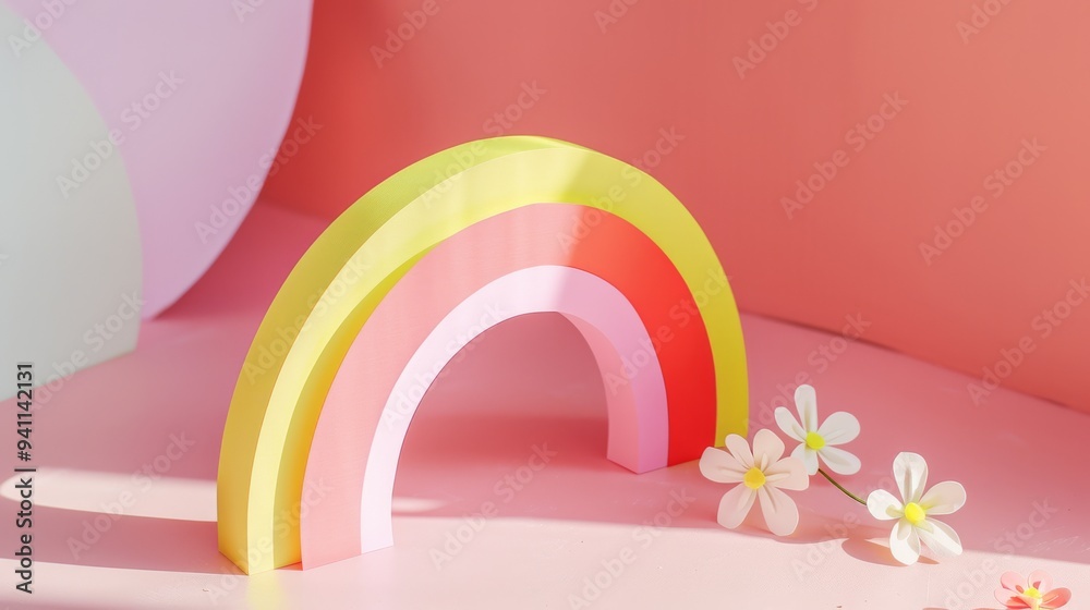 A rainbow made of cut rainbow-colored arches set against a pink backdrop, accompanied by delicate white flowers. A rainbow made of cut rainbow-colored arches set against a pink backdrop, accompanied by delicate white flowers.