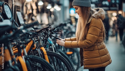 Urban lifestyle woman thoughtfully exploring a variety of electric bikes in a trendy cycle store