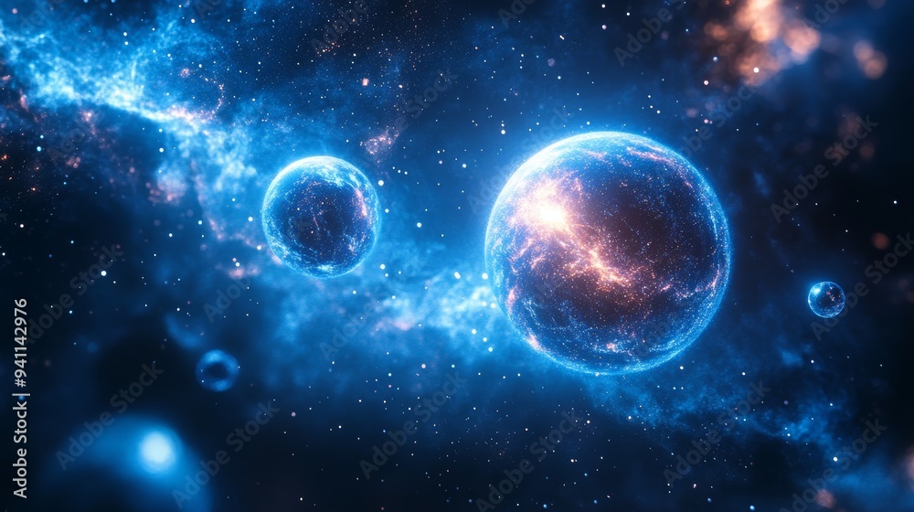 Planets and cosmic bodies glowing in deep space with nebulae and starry background Planets and cosmic bodies glowing in deep space with nebulae and starry background