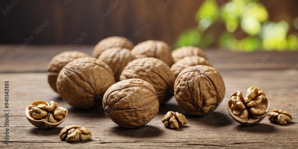 Walnuts on Wood Background with Ample Copy Space. Walnuts on Wood Background with Ample Copy Space.