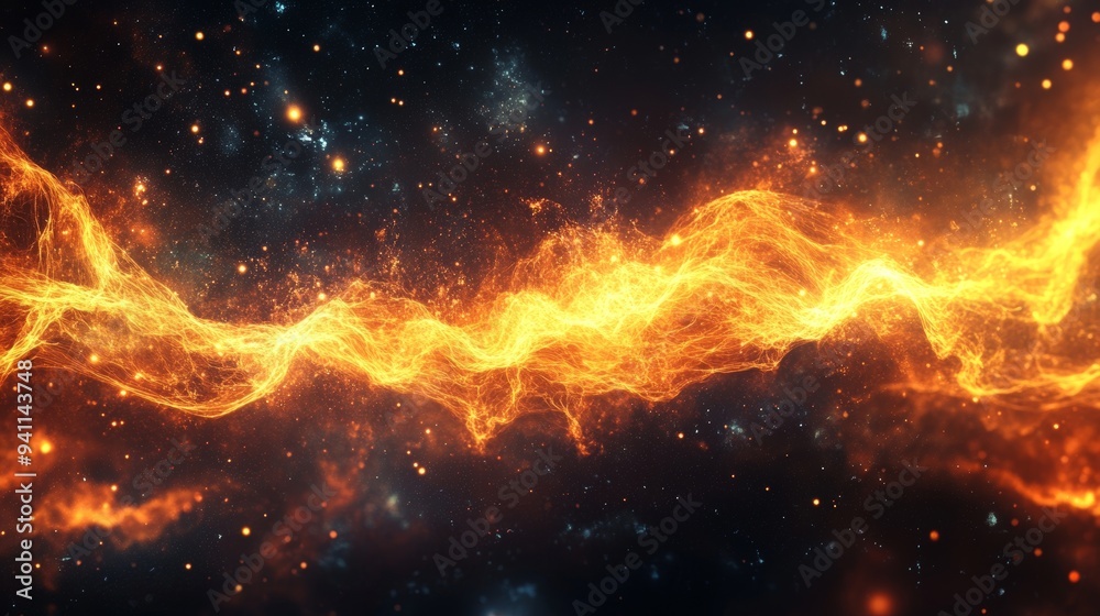 Fiery cosmic wave with intense orange and yellow colors stretching through a starry space Fiery cosmic wave with intense orange and yellow colors stretching through a starry space