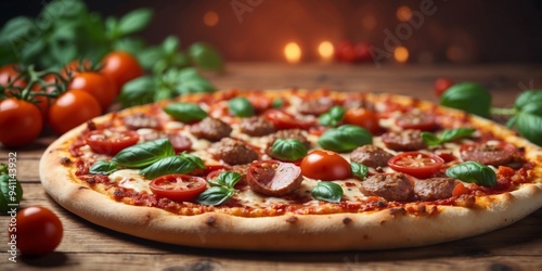 delicious pizza with sausage tomatoes and basil on a wooden table. photo