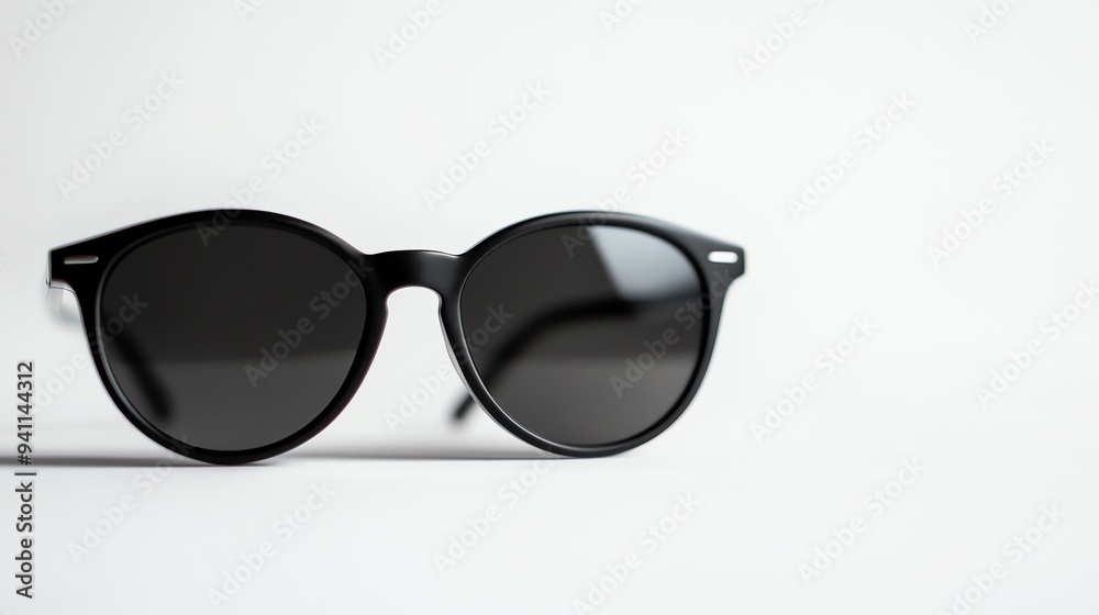 A pair of classic black sunglasses with round lenses, resting on a white surface. A pair of classic black sunglasses with round lenses, resting on a white surface.