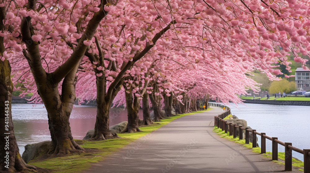 Cherry Blossom Trees Line a Scenic Waterfront Path Cherry Blossom Trees Line a Scenic Waterfront Path