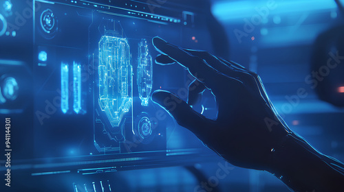 Close-up image of a person's hand interacting with a futuristic screen.