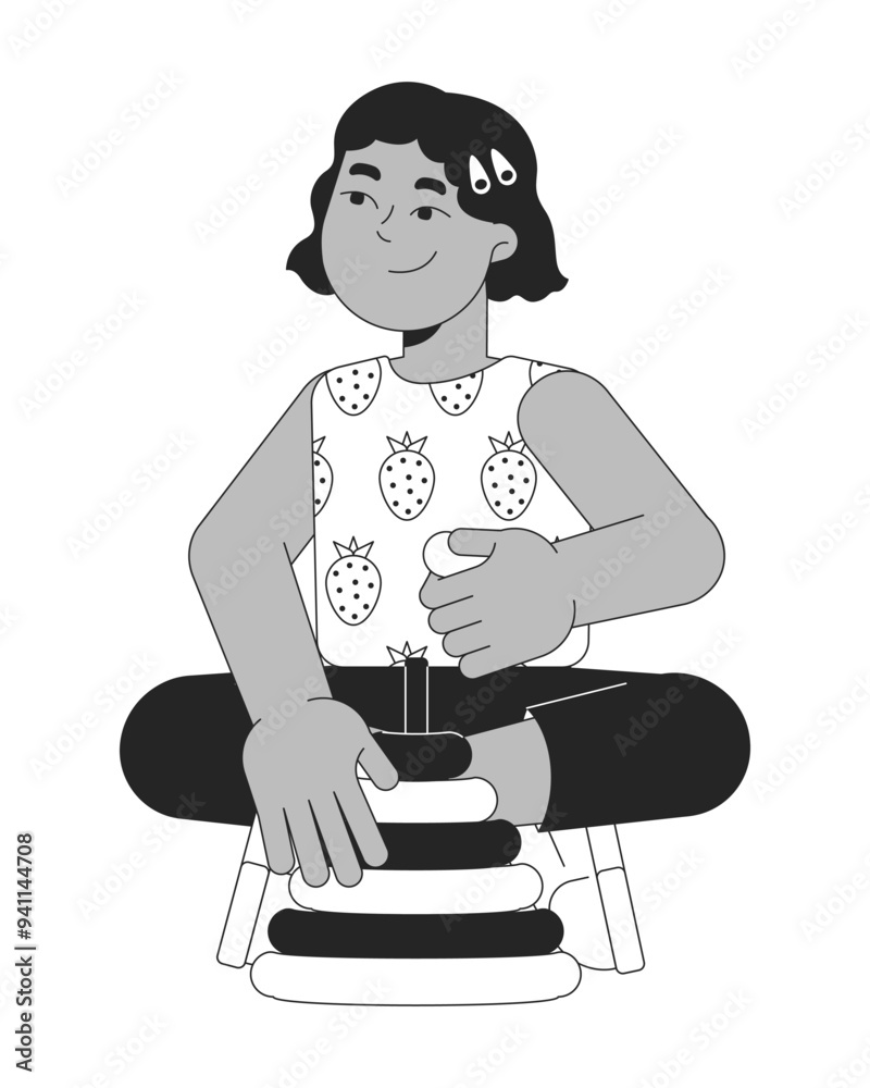 Little hispanic girl playing with pyramid black and white 2D line cartoon character. Happy child with development toy isolated vector outline person. Childhood monochromatic flat spot illustration Little hispanic girl playing with pyramid black and white 2D line cartoon character. Happy child with development toy isolated vector outline person. Childhood monochromatic flat spot illustration