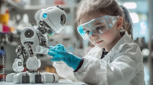 A child dressed as a roboticist, testing a toy robot's movements in a pretend lab photo