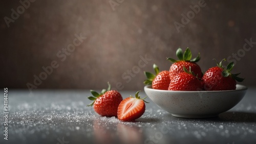 Three bowls of fresh strawberries sprinkled with sugar.