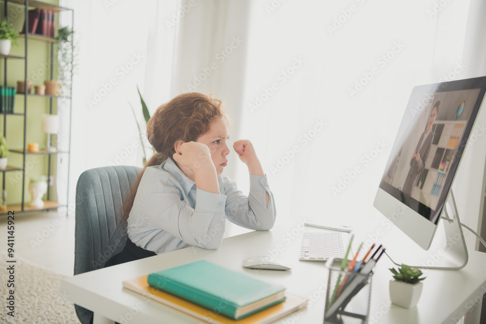 Photo of charming adorable preteen age girl learner wearing uniform study from home flat daylight indoors Photo of charming adorable preteen age girl learner wearing uniform study from home flat daylight indoors