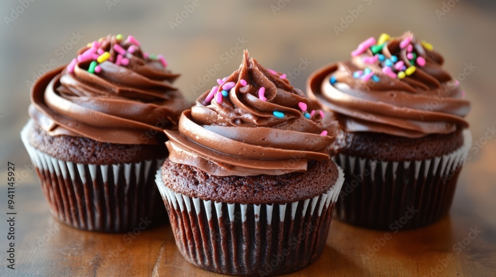 Three chocolate cupcakes with frosting and sprinkles on a wooden table.