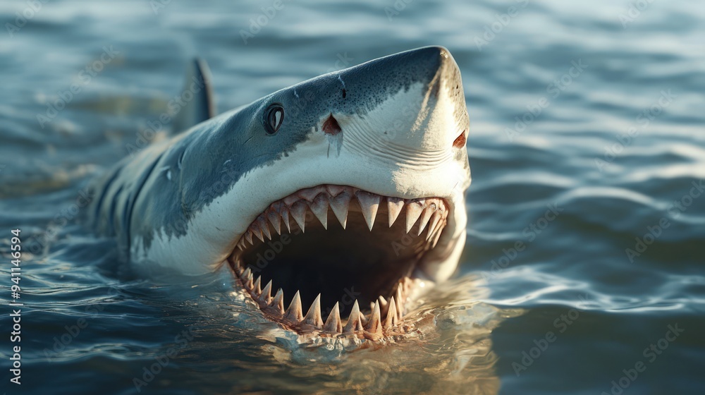 Naklejka premium Great white shark with open mouth, showing sharp teeth, in blue ocean water.