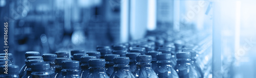 Row of plastic bottles on production line in factory. Industrial setting manufacturing and automation in beverage or packaging industry, efficiency and mass production.