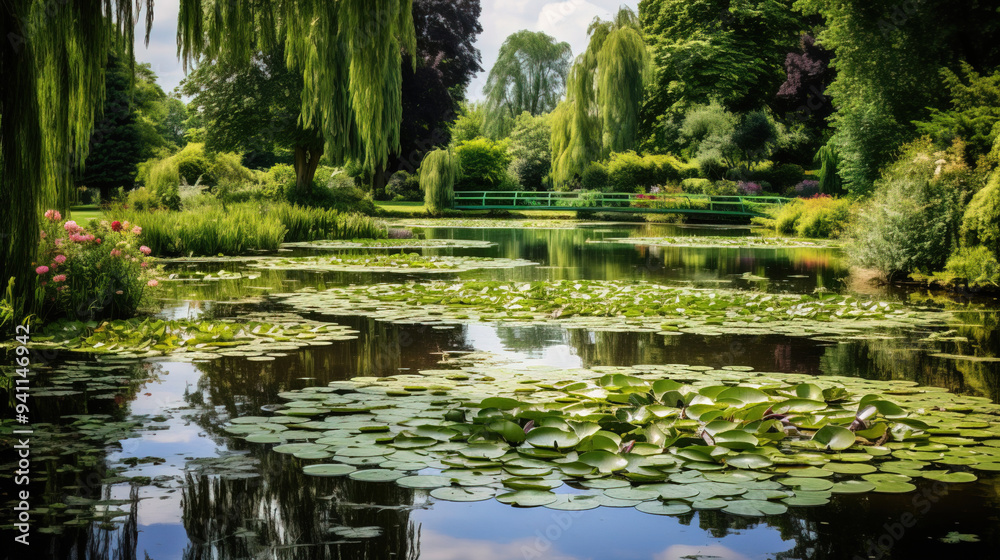 Serene Water Lily Pond Landscape with Green Water and Lush Foliage Serene Water Lily Pond Landscape with Green Water and Lush Foliage
