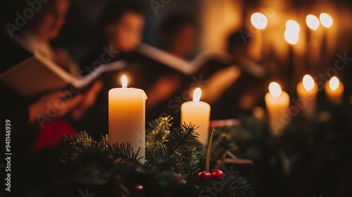 Christmas church choir performing by candlelight during a festive service