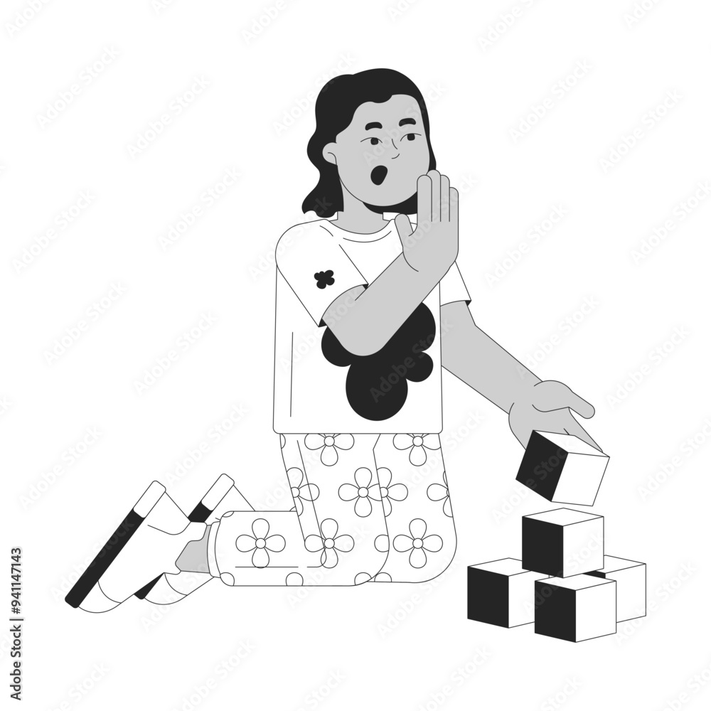 Emotional little boy playing with blocks black and white 2D line cartoon character. Surprised toddler child isolated vector outline person. Nursery care service monochromatic flat spot illustration Emotional little boy playing with blocks black and white 2D line cartoon character. Surprised toddler child isolated vector outline person. Nursery care service monochromatic flat spot illustration