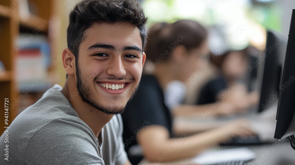 Fototapeta premium A young man smiles at the camera in a computer lab.