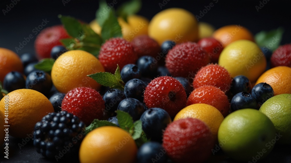 Obraz premium Assorted Berries and Citrus Fruits on Dark Surface.