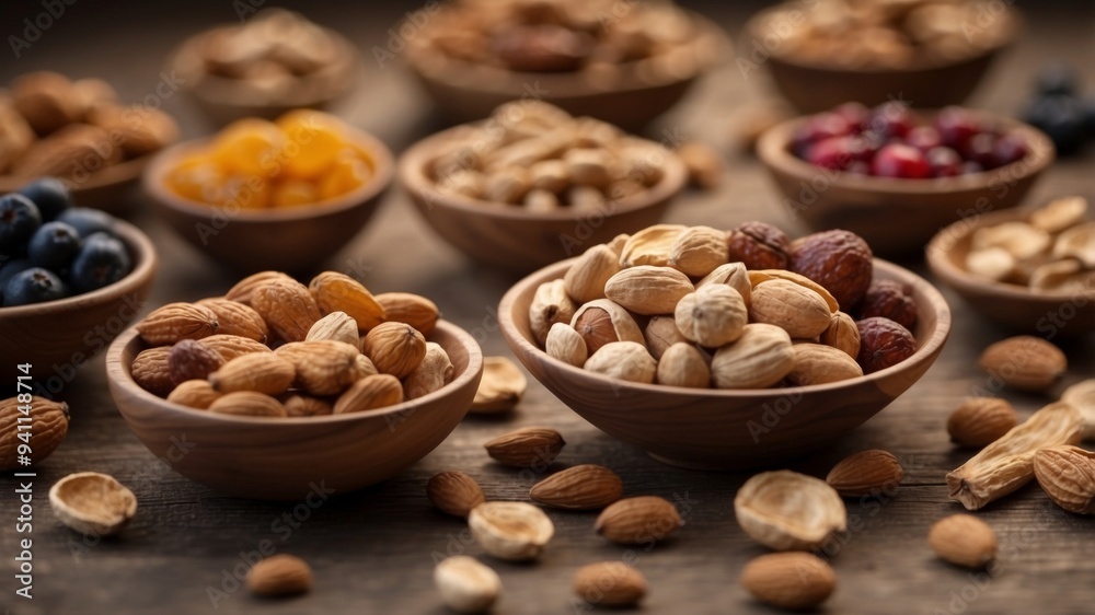 Assorted nuts and dried fruits in wooden bowls. Assorted nuts and dried fruits in wooden bowls.