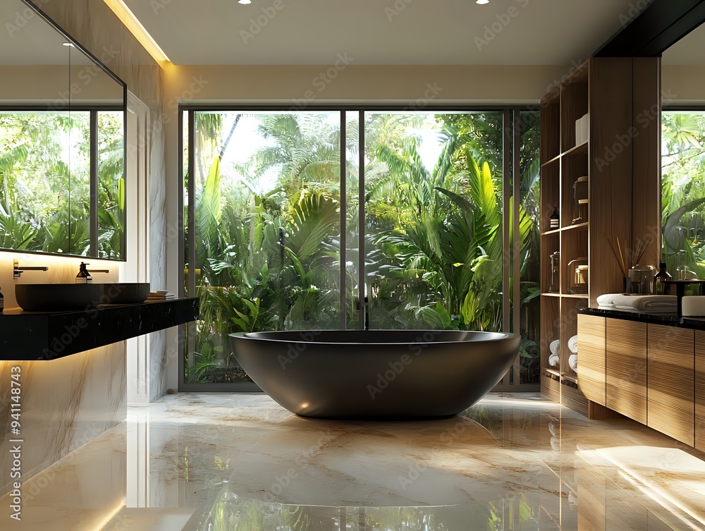 Fototapeta premium Modern Bathroom with Freestanding Tub and Tropical View