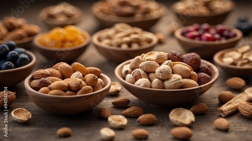 Assorted nuts and dried fruits in wooden bowls.