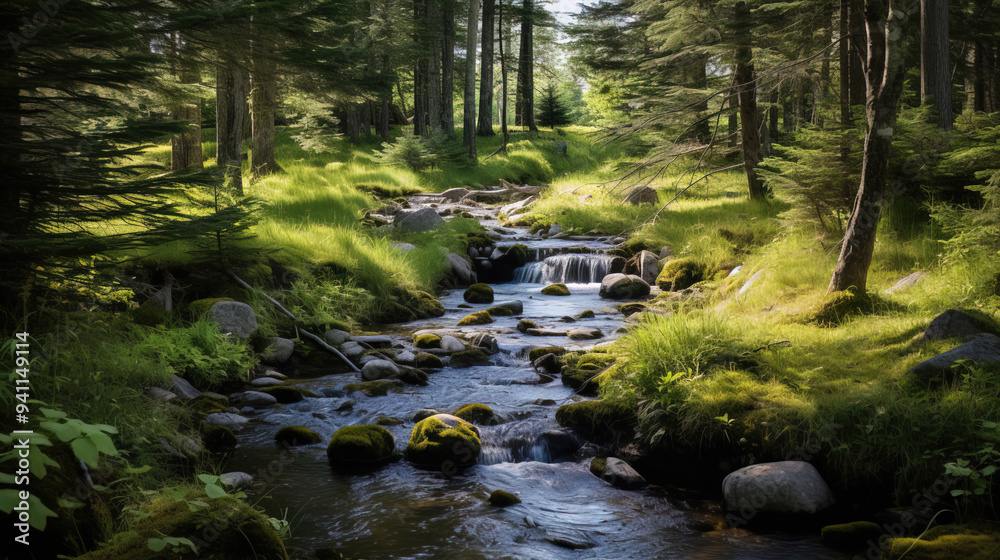 Serene Forest Stream with Sunbeams and Lush Greenery