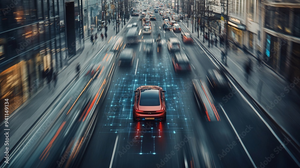 An autonomous vehicle navigating through a busy city street with sensors and AI systems ensuring safe travel Stock Photo with copy space An autonomous vehicle navigating through a busy city street with sensors and AI systems ensuring safe travel Stock Photo with copy space