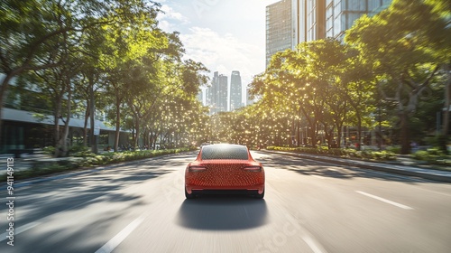 An autonomous vehicle navigating through a busy city street with sensors and AI systems ensuring safe travel Stock Photo with copy space photo