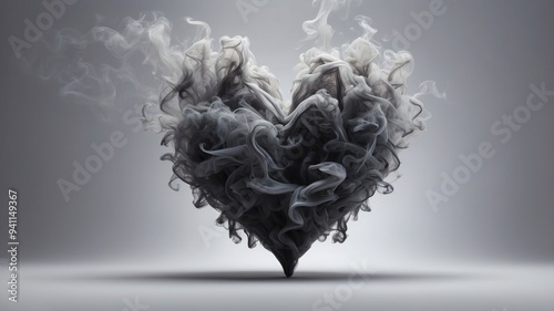 Dark smoke in heart shape on light gray background. photo