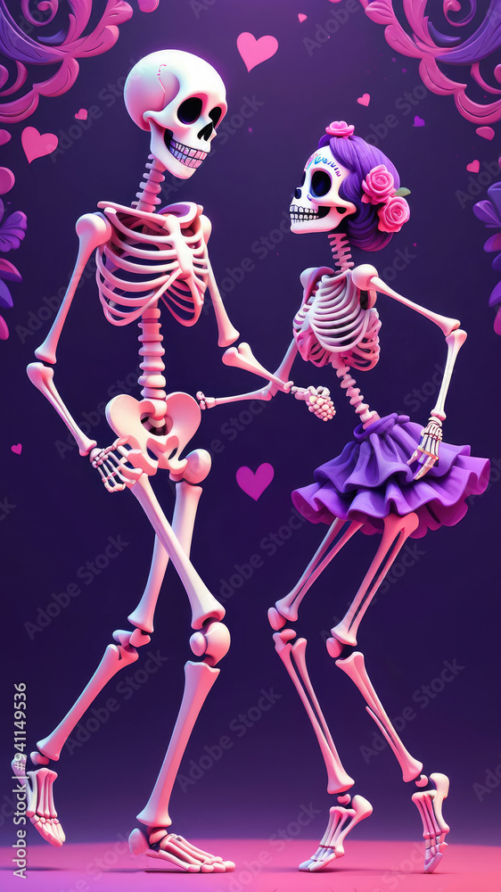 Dia de los Muertos party: adorable cute skeletons happily dancing in love, a poster for the day of the dead in modern abstract style. Dia de los Muertos party: adorable cute skeletons happily dancing in love, a poster for the day of the dead in modern abstract style.