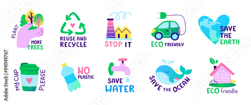 Eco sticker set. Cartoon vector ecology sticker collection. Hand drawn patch bundle about environmental conservation.