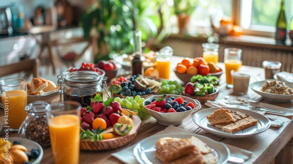 A colorful breakfast spread featuring fresh fruits, juices, and pastries on a wooden table in a bright kitchen A colorful breakfast spread featuring fresh fruits, juices, and pastries on a wooden table in a bright kitchen