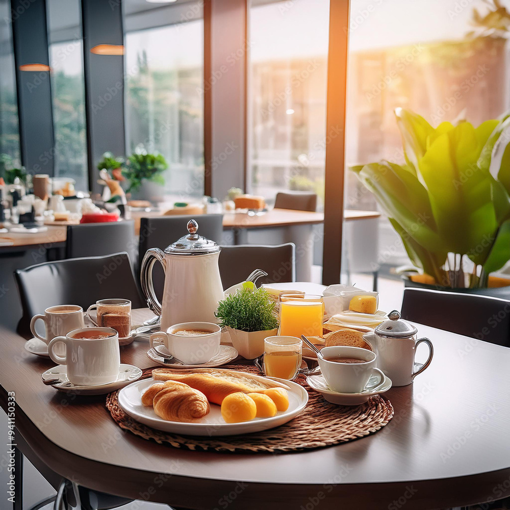 Organic English Breakfast and tea decorated table for self serve in office table Organic English Breakfast and tea decorated table for self serve in office table