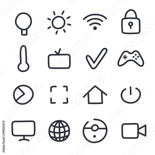 Cute hand drawn outline smart home icon set. Symbols of entertainment, regulate temperature, light, secure, clean home. Collection of network and Internet of things isolated on white background.