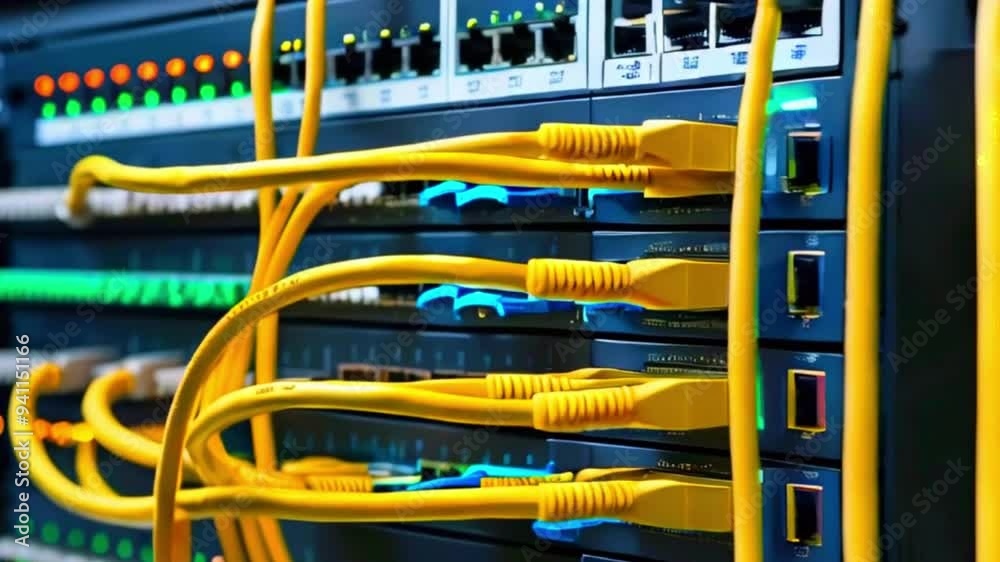 Close up of yellow network cables plugged into a server. Close up of yellow network cables plugged into a server.