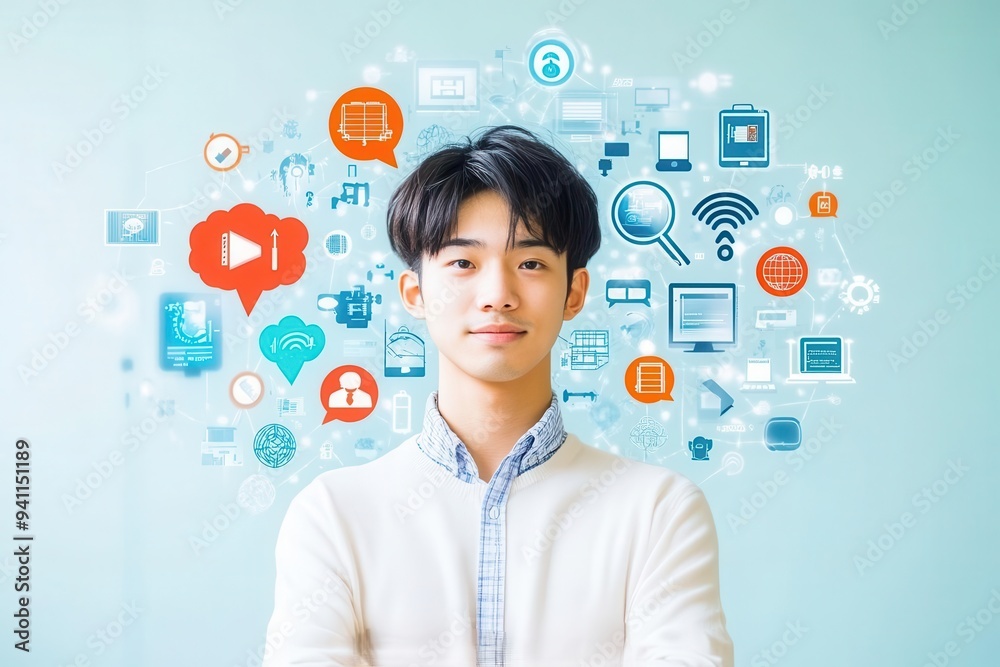 A young man stands confidently with a backdrop of digital icons representing communication and technology. A young man stands confidently with a backdrop of digital icons representing communication and technology.