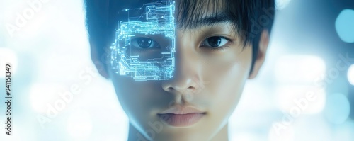 A young person with a digital interface overlay, representing the fusion of technology and humanity in a futuristic setting.
