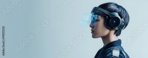 A young person wearing futuristic headphones and a visor, immersed in a virtual reality experience, capturing innovation and technology.